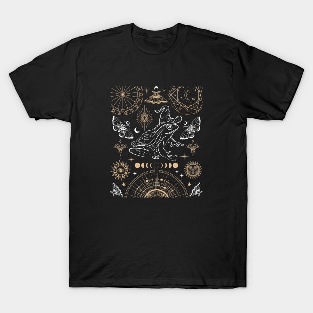 Witchy Frog Under Moon Phases, The Magician with Wizard Hat, Dark Academia T-Shirt by Ministry Of Frogs